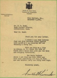 Letter from NY Governor FDR concerning Tulip Poplars from Boyd Nursery Company